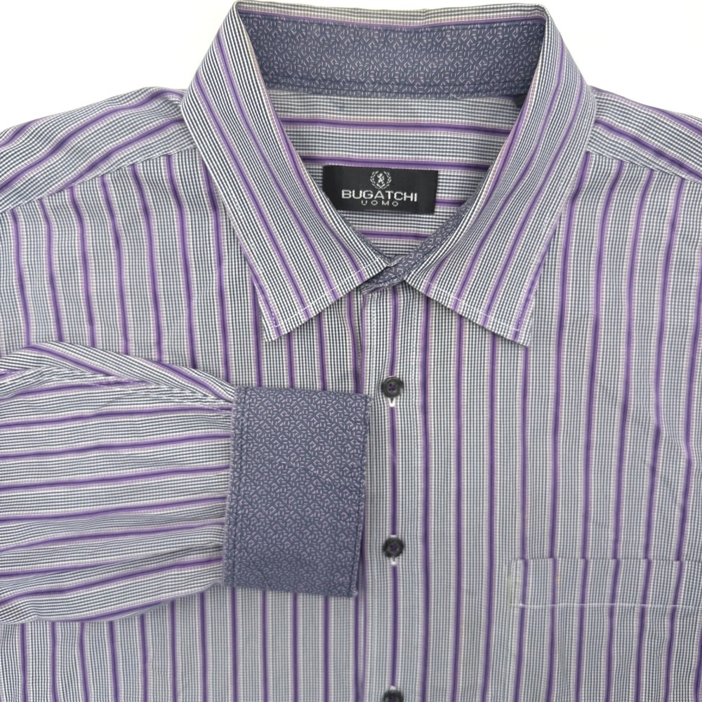 Bugatchi Uomo Button Down Men XXL Purple Striped Long Sleeve Cotton Shirt